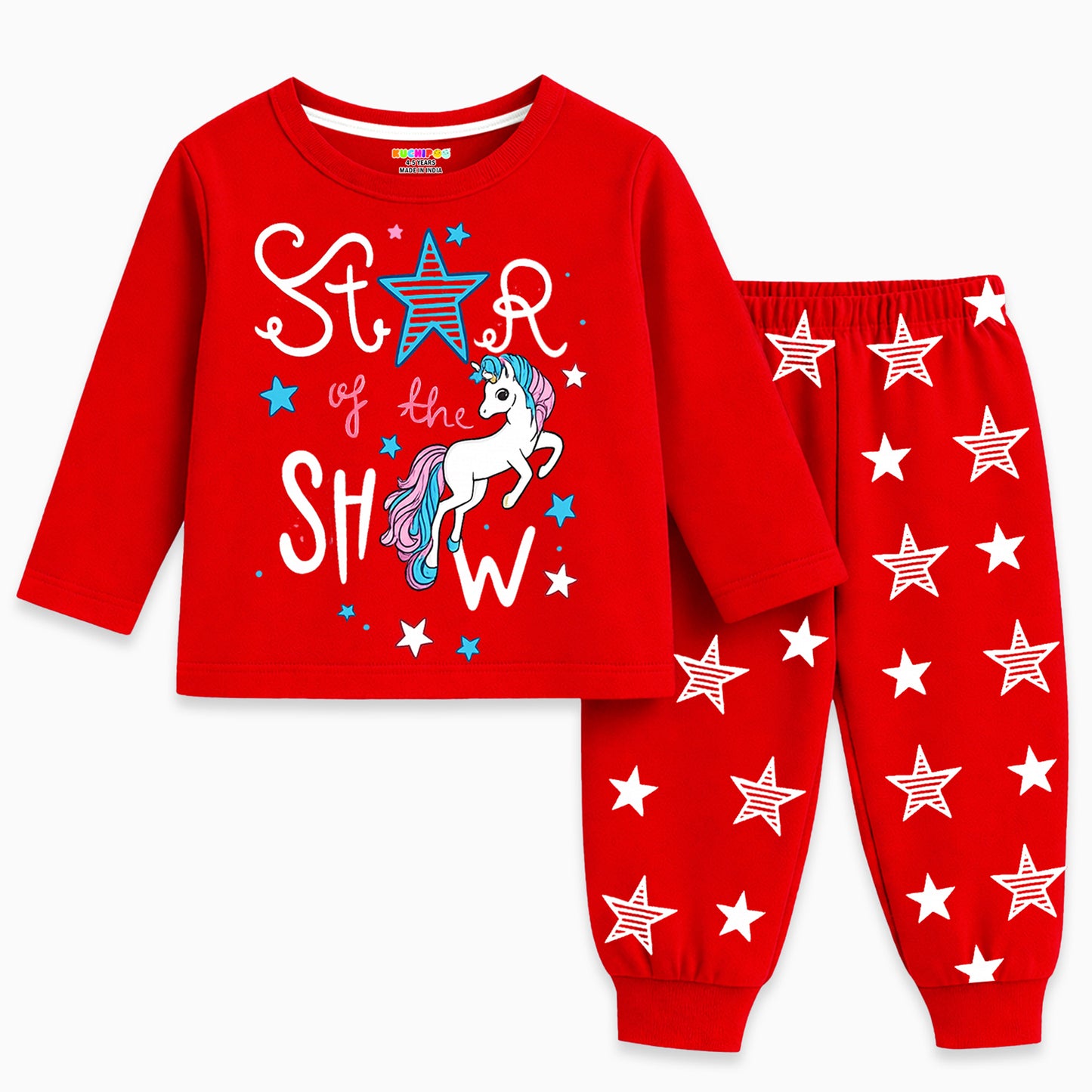 Kuchipoo Girls Cotton Night Suit Set | Full Sleeve Printed Top & Pajama | Soft & Breathable Sleepwear | Comfortable Elastic Waist | Pack of 3