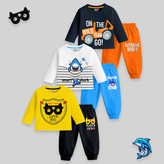 Kuchipoo Boys Regular Fit Cotton T-Shirts and Pyjamas Clothing Set-Pack of 3