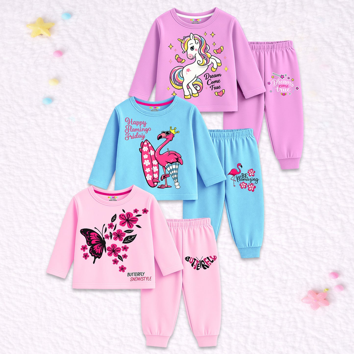 Kuchipoo Girls Regular Fit Cotton T-Shirts and Pyjamas Clothing Set-Pack of 3
