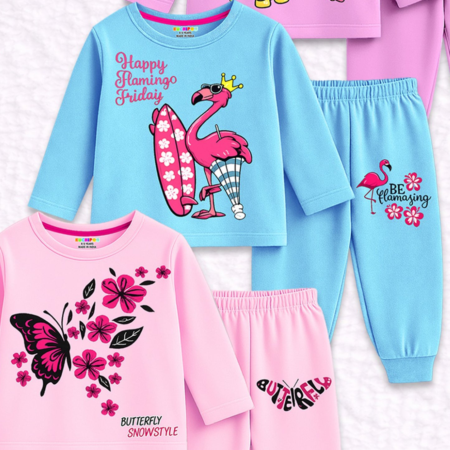 Kuchipoo Girls Regular Fit Cotton T-Shirts and Pyjamas Clothing Set-Pack of 3