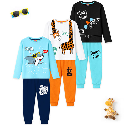 Kuchipoo Boys Regular Fit Cotton T-Shirts and Pyjamas Clothing Set-Pack of 3
