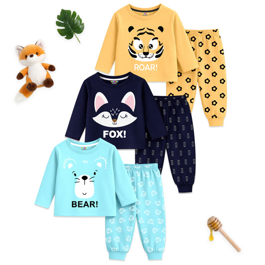 Kuchipoo Boys Regular Fit Cotton T-Shirts and Pyjamas Clothing Set-Pack of 3