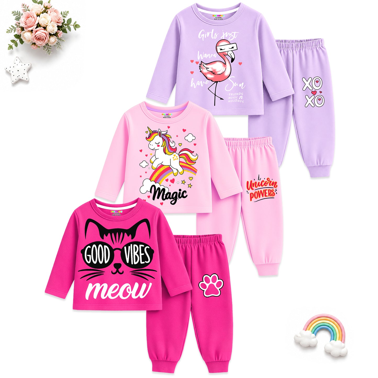 Kuchipoo Girls Cotton T-shirts & Pajamas Set | Full Sleeve Printed Top & Pajama | Soft & Breathable Sleepwear | Comfortable Elastic Waist | Pack of 3