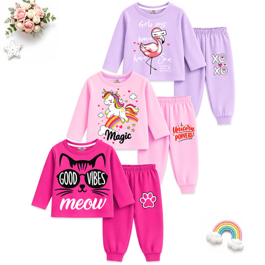 Kuchipoo Girls Cotton T-shirts & Pajamas Set | Full Sleeve Printed Top & Pajama | Soft & Breathable Sleepwear | Comfortable Elastic Waist | Pack of 3