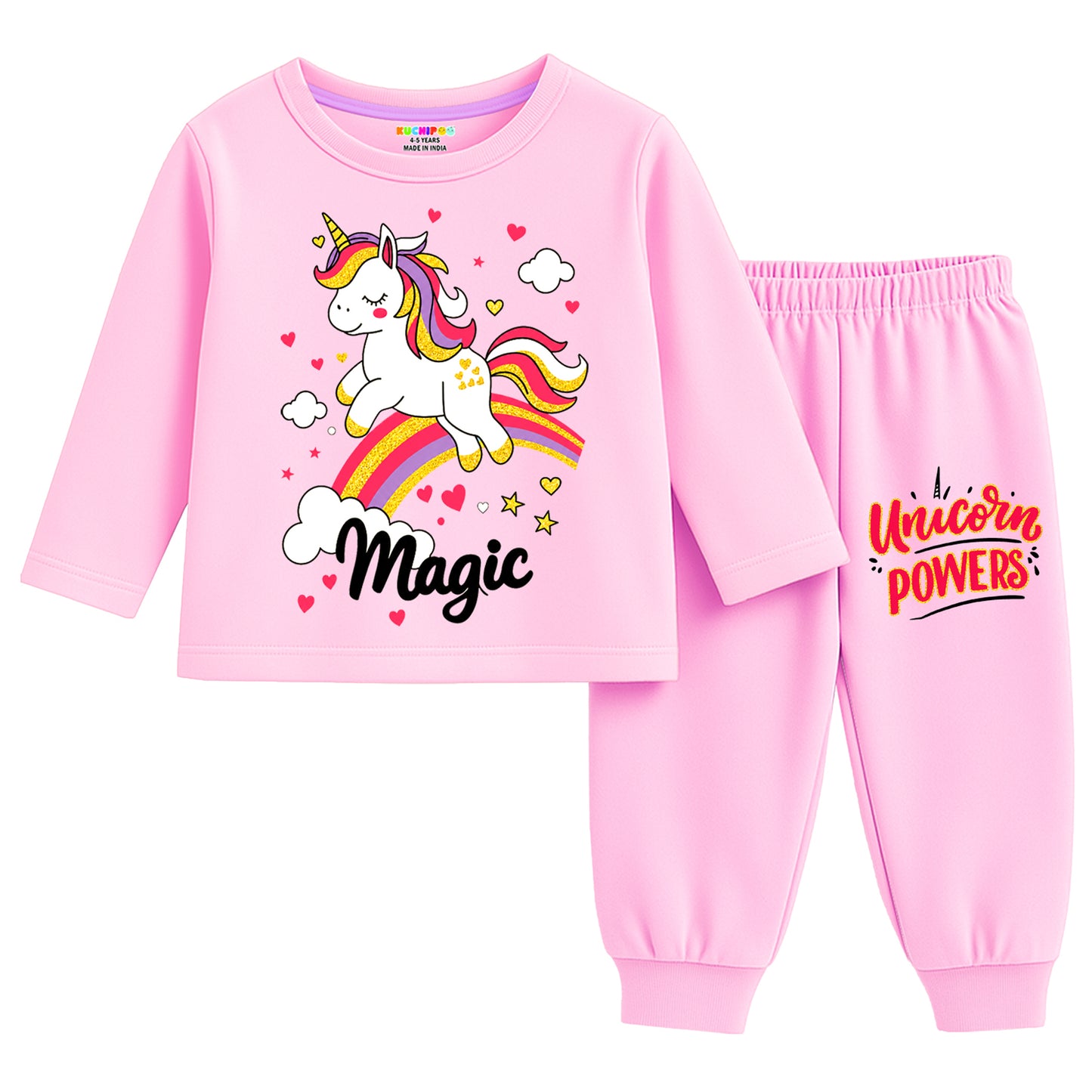 Kuchipoo Girls Cotton T-shirts & Pajamas Set | Full Sleeve Printed Top & Pajama | Soft & Breathable Sleepwear | Comfortable Elastic Waist | Pack of 3