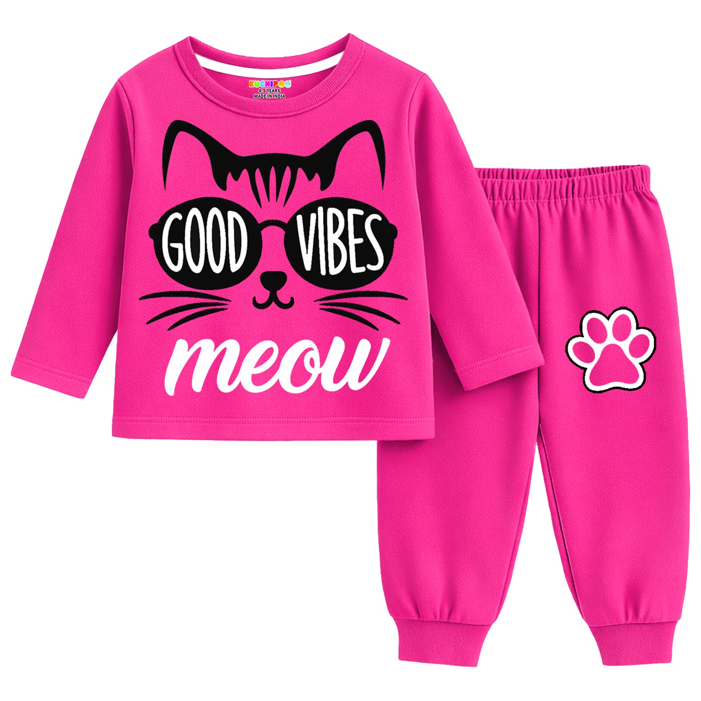 Kuchipoo Girls Cotton T-shirts & Pajamas Set | Full Sleeve Printed Top & Pajama | Soft & Breathable Sleepwear | Comfortable Elastic Waist | Pack of 3