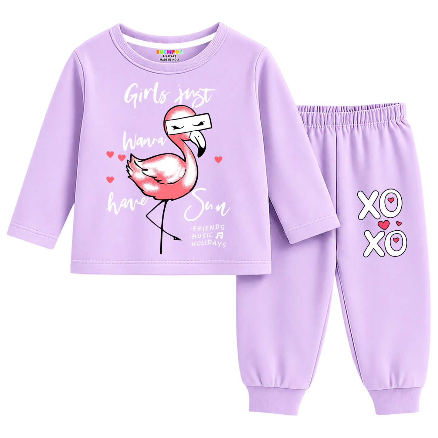 Kuchipoo Girls Cotton T-shirts & Pajamas Set | Full Sleeve Printed Top & Pajama | Soft & Breathable Sleepwear | Comfortable Elastic Waist | Pack of 3