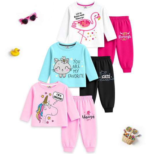 Kuchipoo Girls Cotton T-shirts & Pajamas Set | Full Sleeve Printed Top & Pajama | Soft & Breathable Sleepwear | Comfortable Elastic Waist | Pack of 3