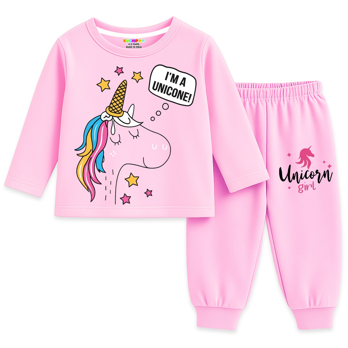 Kuchipoo Girls Cotton T-shirts & Pajamas Set | Full Sleeve Printed Top & Pajama | Soft & Breathable Sleepwear | Comfortable Elastic Waist | Pack of 3