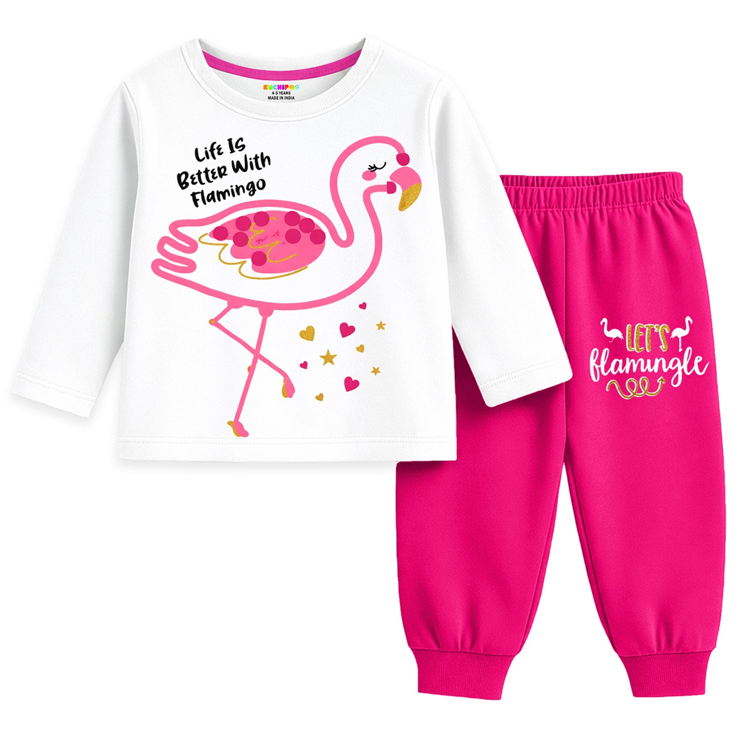 Kuchipoo Girls Cotton T-shirts & Pajamas Set | Full Sleeve Printed Top & Pajama | Soft & Breathable Sleepwear | Comfortable Elastic Waist | Pack of 3