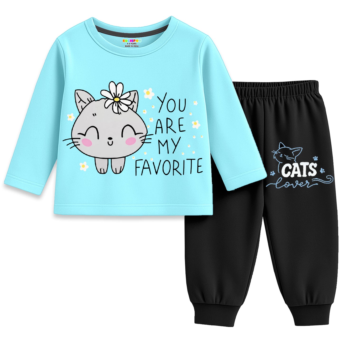 Kuchipoo Girls Cotton T-shirts & Pajamas Set | Full Sleeve Printed Top & Pajama | Soft & Breathable Sleepwear | Comfortable Elastic Waist | Pack of 3