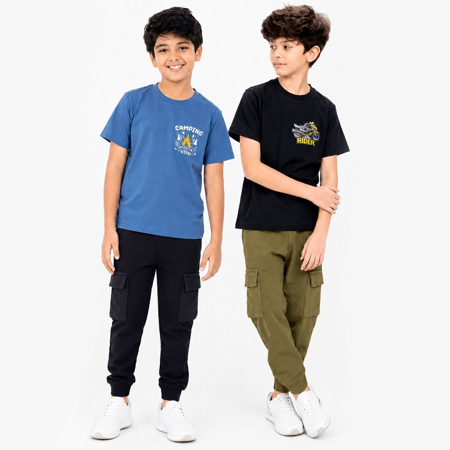 Kuchipoo Boys Cotton Half Sleeve T-Shirt & Cargo Joggers Set | Trendy Graphic Print Summer Wear | Soft & Breathable Kids Clothing Combo with Cargo Pockets | Pack of 2