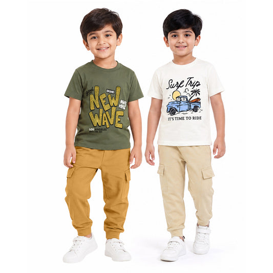 Kuchipoo Boys Cotton Half Sleeve T-Shirt & Cargo Joggers Set | Trendy Graphic Print Summer Wear | Soft & Breathable Kids Clothing Combo with Cargo Pockets | Pack of 2