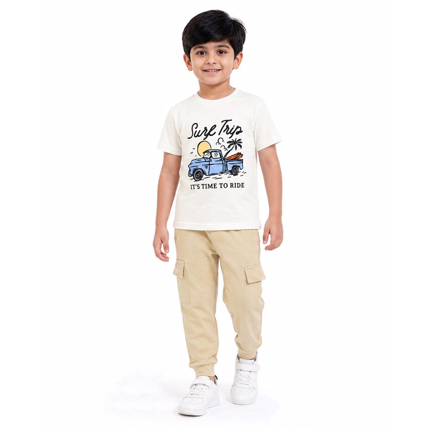 Kuchipoo Boys Cotton Half Sleeve T-Shirt & Cargo Joggers Set | Trendy Graphic Print Summer Wear | Soft & Breathable Kids Clothing Combo with Cargo Pockets | Pack of 2