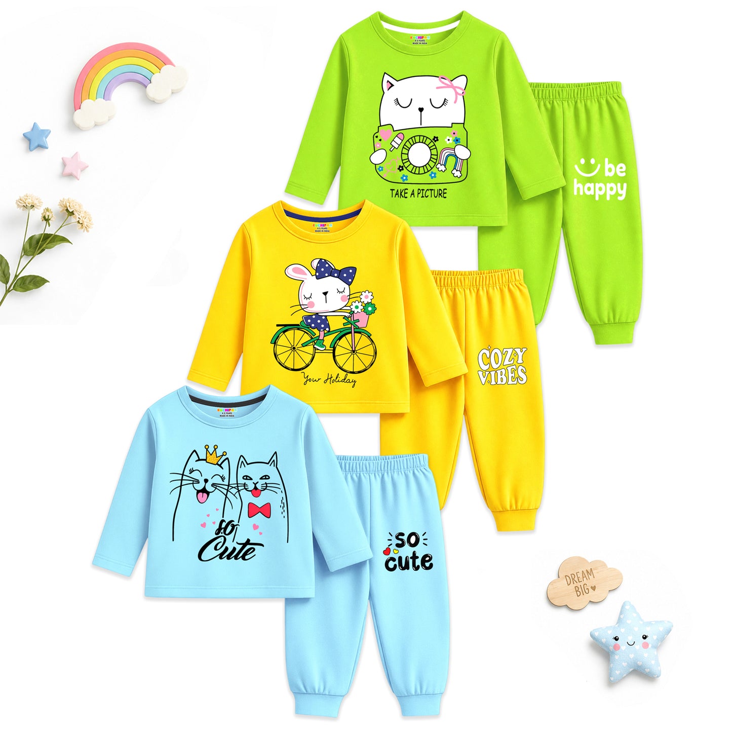 Kuchipoo Girls Cotton T-shirts & Pajamas Set | Full Sleeve Printed Top & Pajama | Soft & Breathable Sleepwear | Comfortable Elastic Waist | Pack of 3