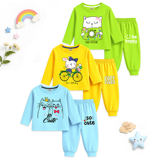 Kuchipoo Girls Cotton T-shirts & Pajamas Set | Full Sleeve Printed Top & Pajama | Soft & Breathable Sleepwear | Comfortable Elastic Waist | Pack of 3