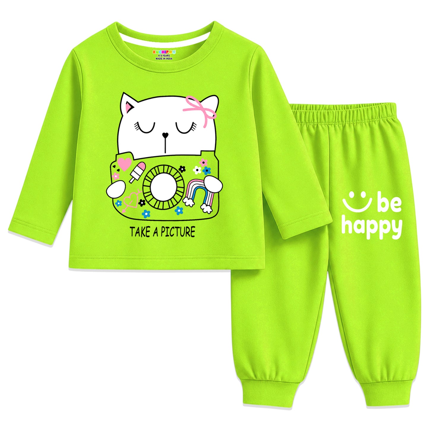 Kuchipoo Girls Cotton T-shirts & Pajamas Set | Full Sleeve Printed Top & Pajama | Soft & Breathable Sleepwear | Comfortable Elastic Waist | Pack of 3