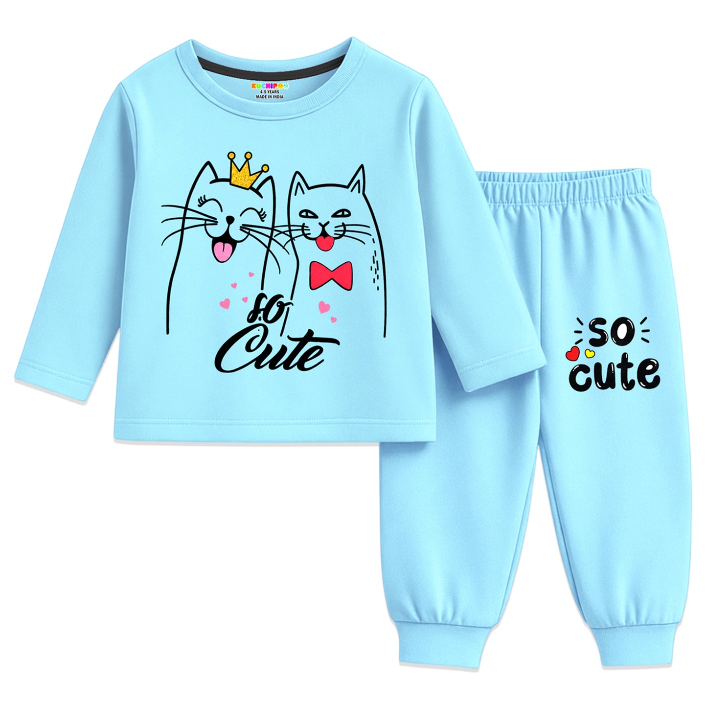 Kuchipoo Girls Cotton T-shirts & Pajamas Set | Full Sleeve Printed Top & Pajama | Soft & Breathable Sleepwear | Comfortable Elastic Waist | Pack of 3