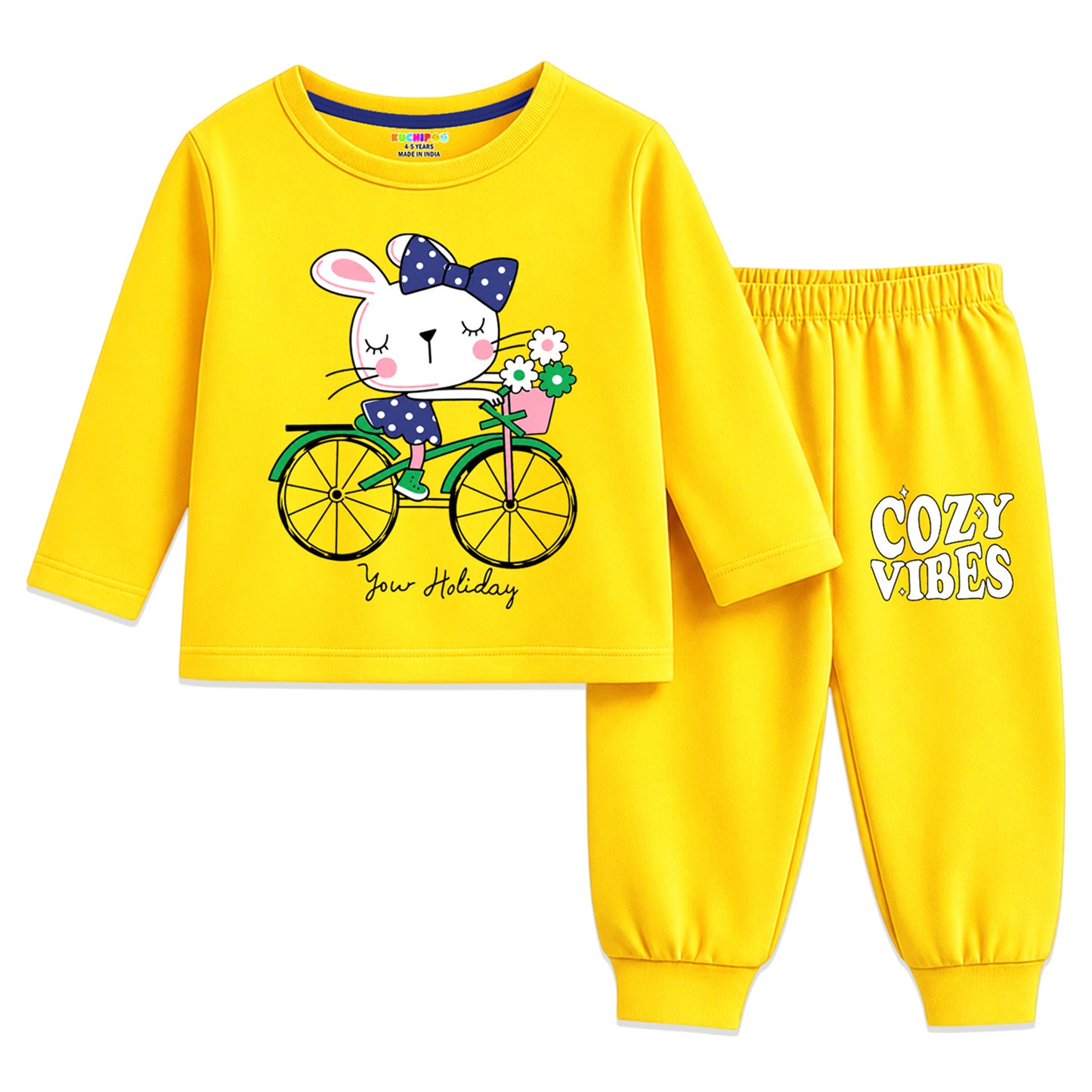 Kuchipoo Girls Cotton T-shirts & Pajamas Set | Full Sleeve Printed Top & Pajama | Soft & Breathable Sleepwear | Comfortable Elastic Waist | Pack of 3