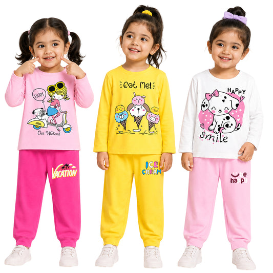 Kuchipoo Girls Cotton T-shirts & Pajamas Set | Full Sleeve Printed Top & Pajama | Soft & Breathable Sleepwear | Comfortable Elastic Waist | Pack of 3