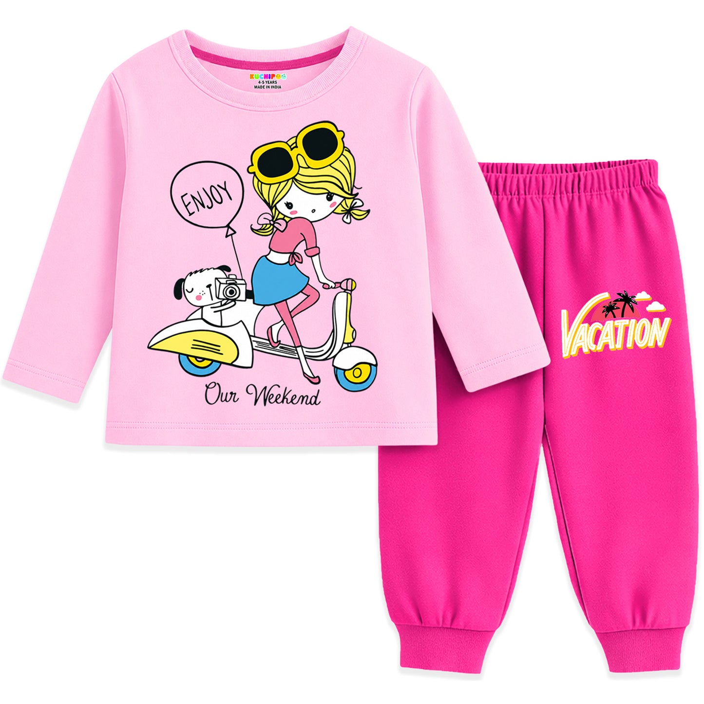Kuchipoo Girls Cotton T-shirts & Pajamas Set | Full Sleeve Printed Top & Pajama | Soft & Breathable Sleepwear | Comfortable Elastic Waist | Pack of 3