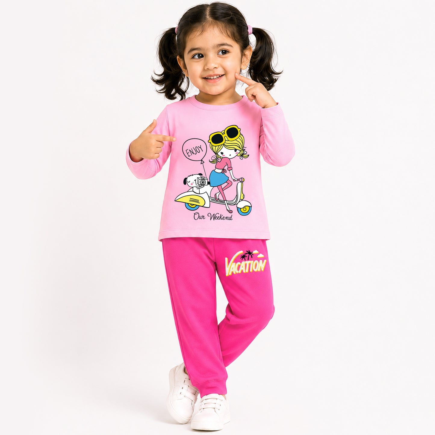 Kuchipoo Girls Cotton T-shirts & Pajamas Set | Full Sleeve Printed Top & Pajama | Soft & Breathable Sleepwear | Comfortable Elastic Waist | Pack of 3