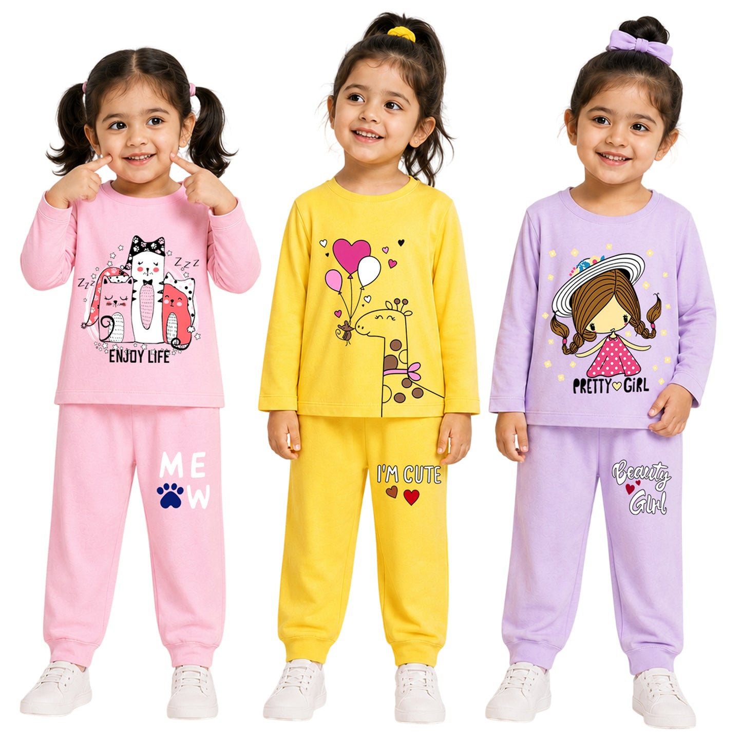 Kuchipoo Girls Cotton T-shirts & Pajamas Set | Full Sleeve Printed Top & Pajama | Soft & Breathable Sleepwear | Comfortable Elastic Waist | Pack of 3
