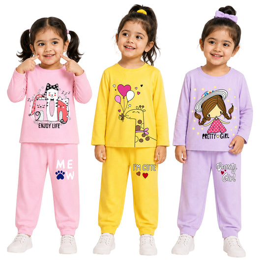 Kuchipoo Girls Cotton T-shirts & Pajamas Set | Full Sleeve Printed Top & Pajama | Soft & Breathable Sleepwear | Comfortable Elastic Waist | Pack of 3