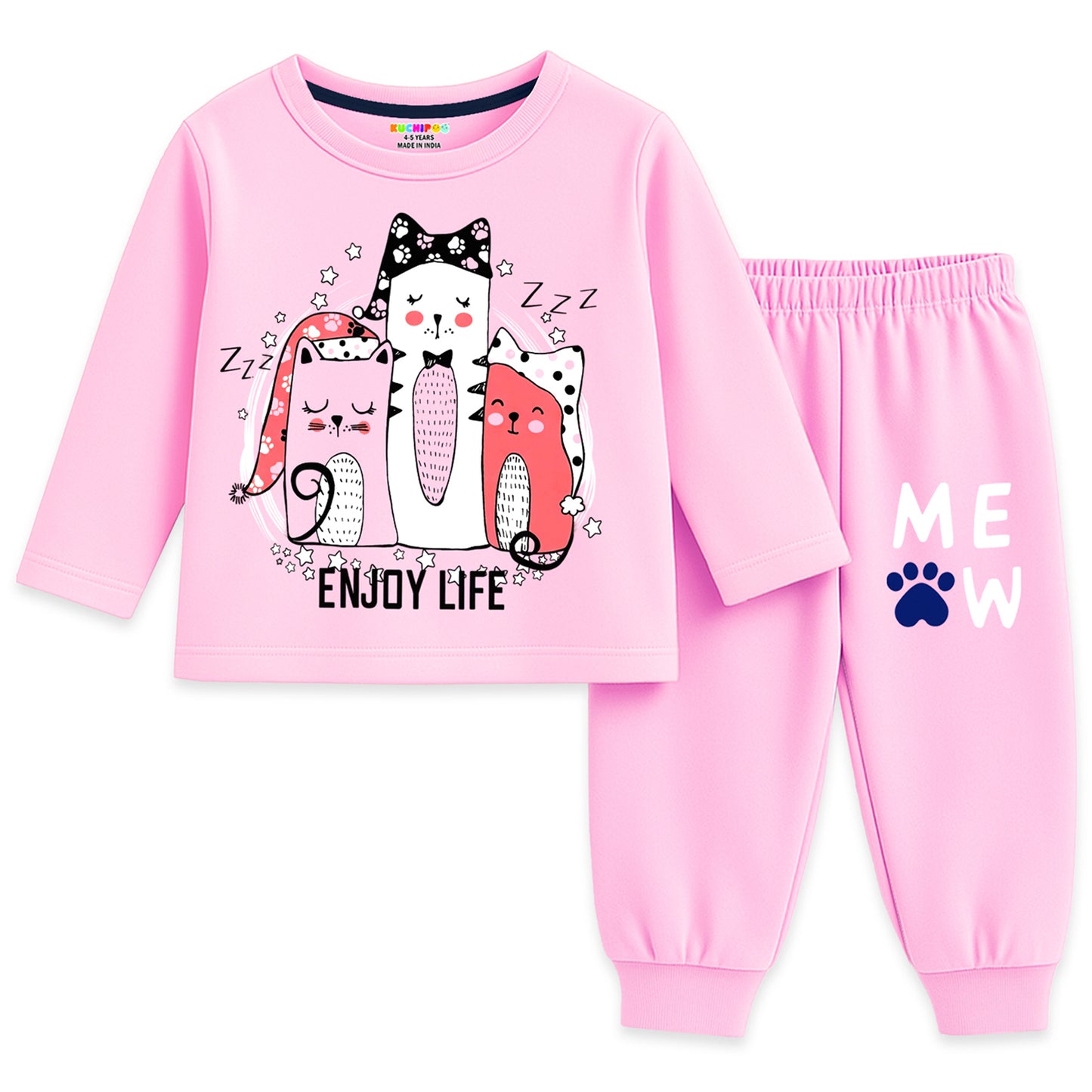 Kuchipoo Girls Cotton T-shirts & Pajamas Set | Full Sleeve Printed Top & Pajama | Soft & Breathable Sleepwear | Comfortable Elastic Waist | Pack of 3