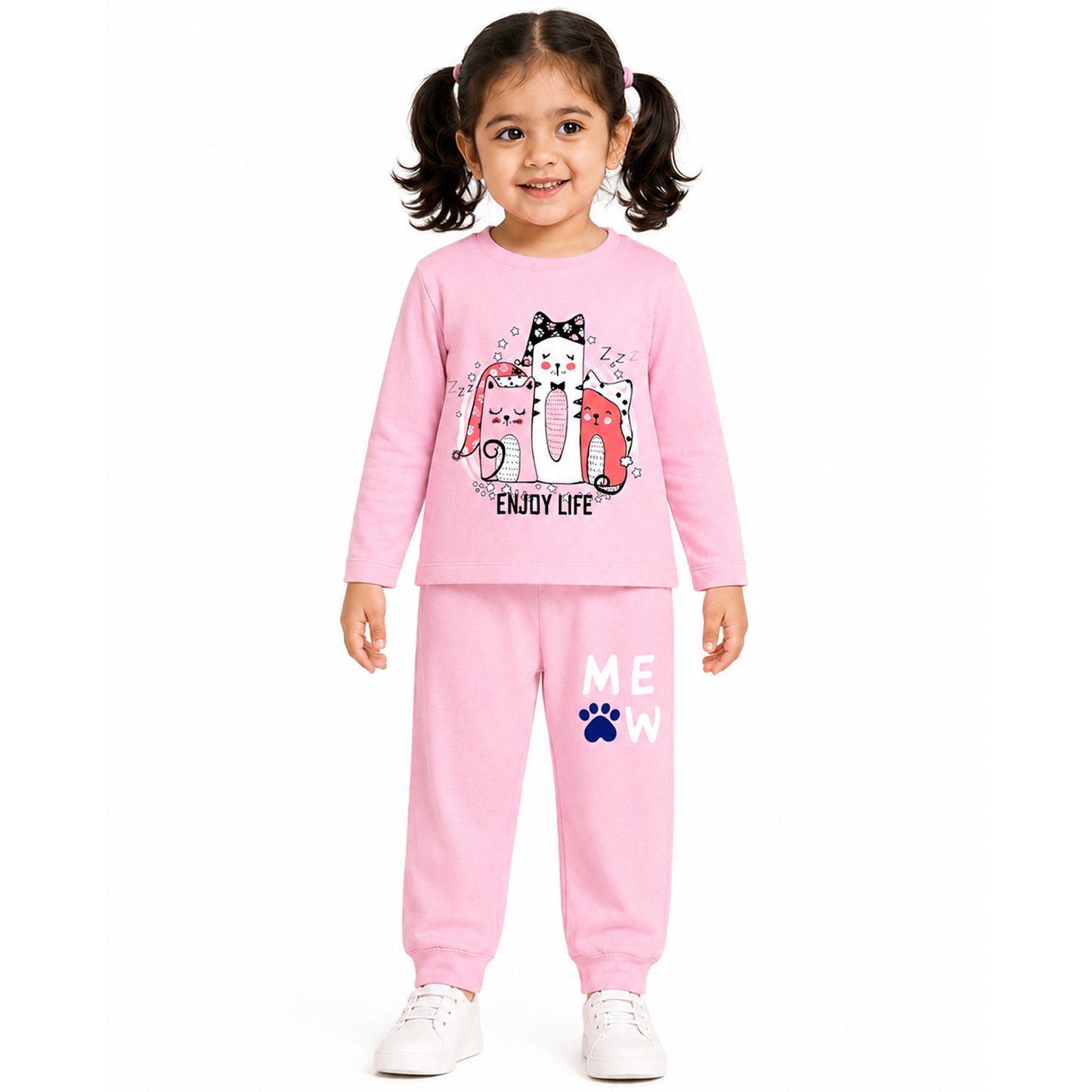 Kuchipoo Girls Cotton T-shirts & Pajamas Set | Full Sleeve Printed Top & Pajama | Soft & Breathable Sleepwear | Comfortable Elastic Waist | Pack of 3