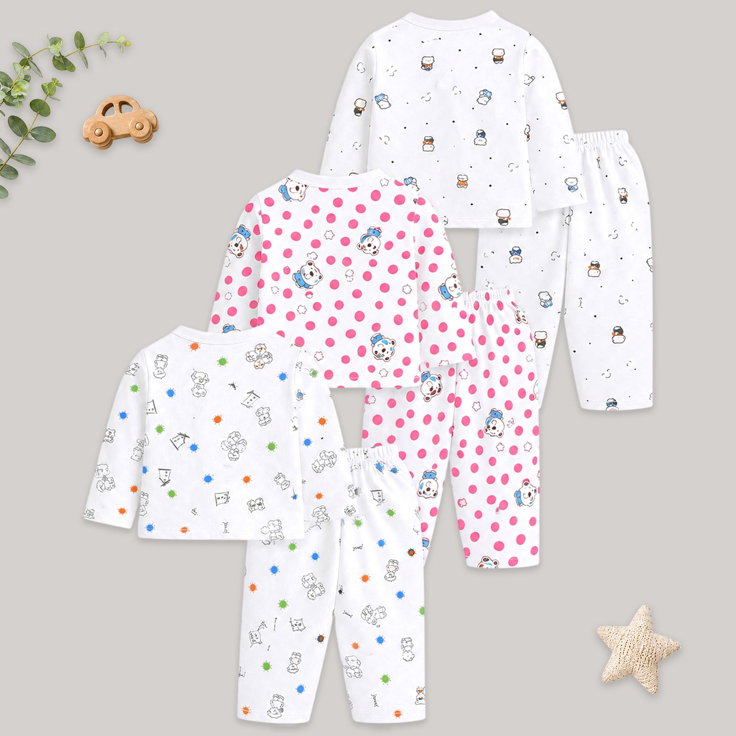 Kuchipoo 100% Cotton Front Open T-Shirts and Pajamas Set for Baby Boy and Baby Girl-Pack of 3