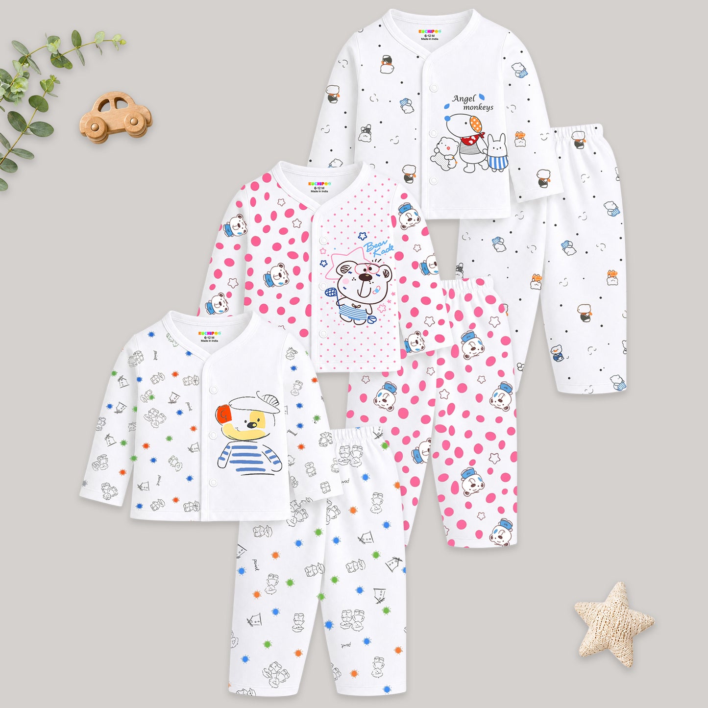 Kuchipoo 100% Cotton Front Open T-Shirts and Pajamas Set for Baby Boy and Baby Girl-Pack of 3