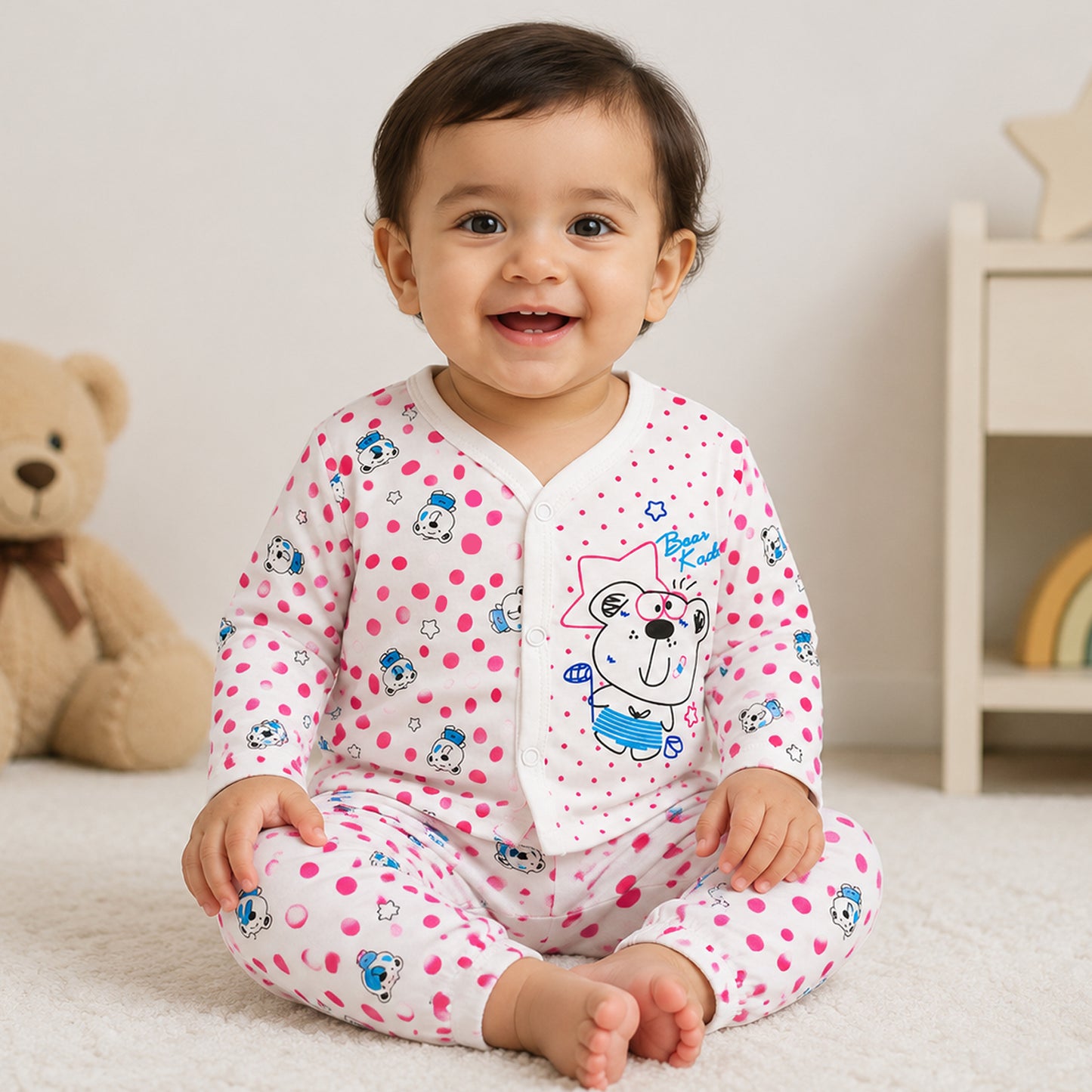 Kuchipoo 100% Cotton Front Open T-Shirts and Pajamas Set for Baby Boy and Baby Girl-Pack of 3