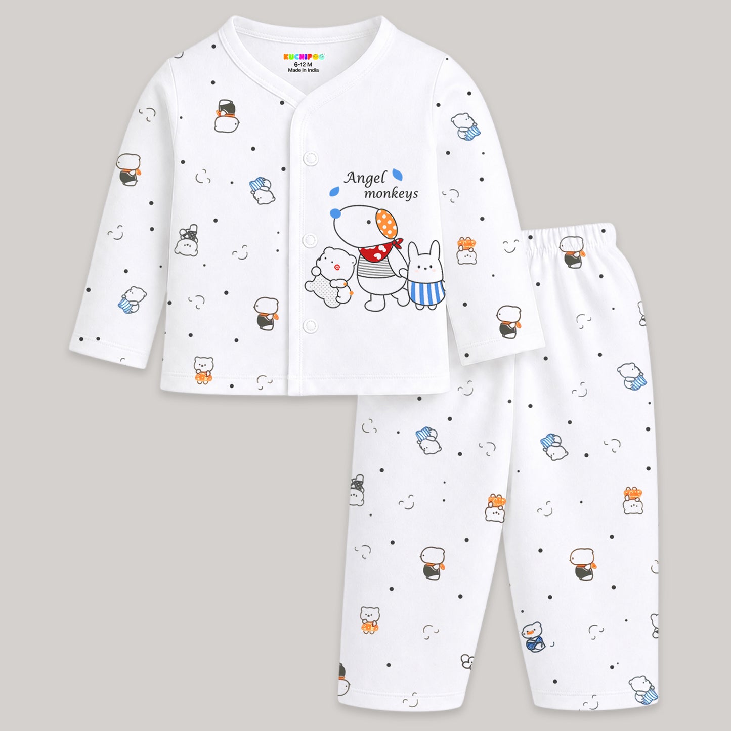Kuchipoo 100% Cotton Front Open T-Shirts and Pajamas Set for Baby Boy and Baby Girl-Pack of 3