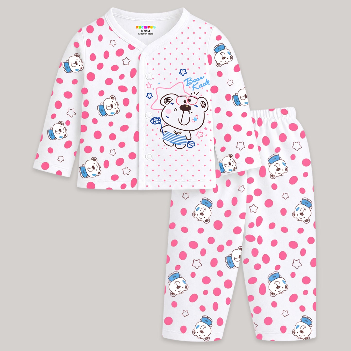 Kuchipoo 100% Cotton Front Open T-Shirts and Pajamas Set for Baby Boy and Baby Girl-Pack of 3