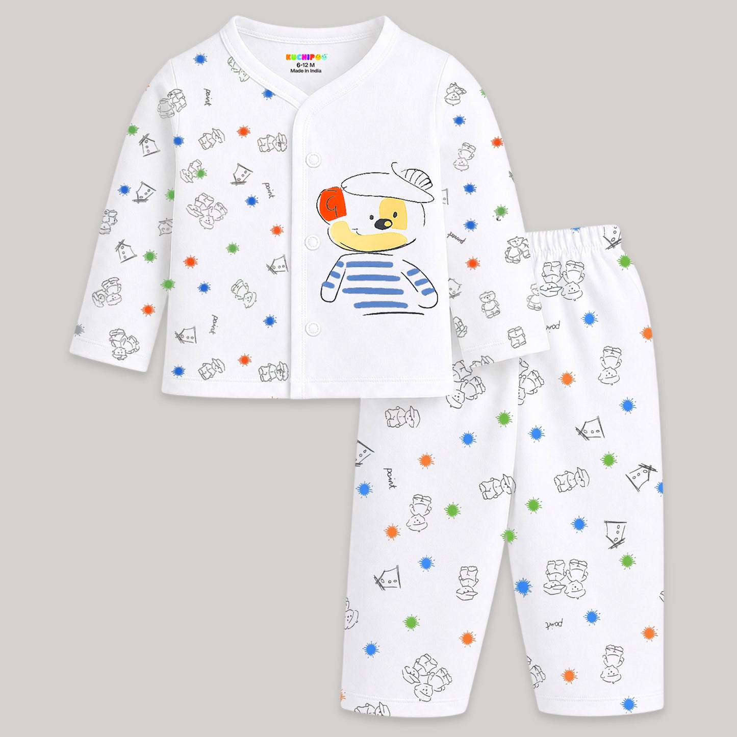 Kuchipoo 100% Cotton Front Open T-Shirts and Pajamas Set for Baby Boy and Baby Girl-Pack of 3