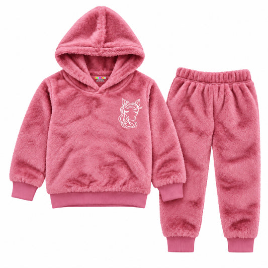 Kuchipoo Girls Fur Hooded Sweatshirt & Jogger Set | Soft Fluffy Fur Hoodie with Matching Pajama | Warm Full Sleeve Winter Tracksuit for Girls