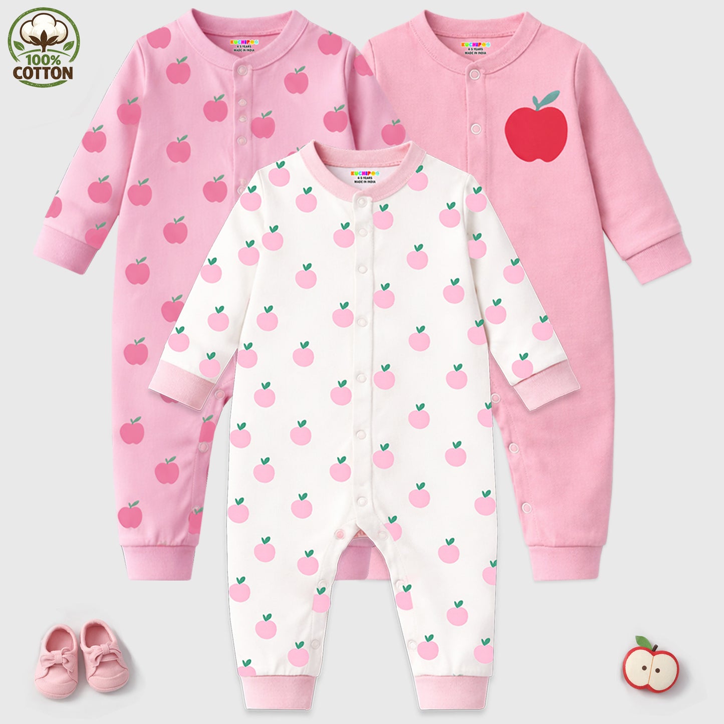 Kuchipoo 100% Cotton Baby Full Bodysuit Romper | Soft & Breathable Infant Clothing | Long Sleeve, Crew Neck, Snap Button Closure | Pack of 3