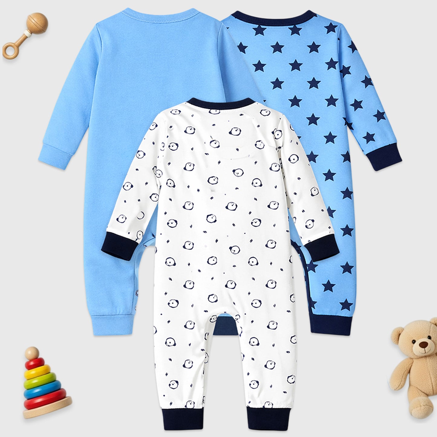 Kuchipoo 100% Cotton Baby Full Bodysuit Romper | Soft & Breathable Infant Clothing | Long Sleeve, Crew Neck, Snap Button Closure | Pack of 3