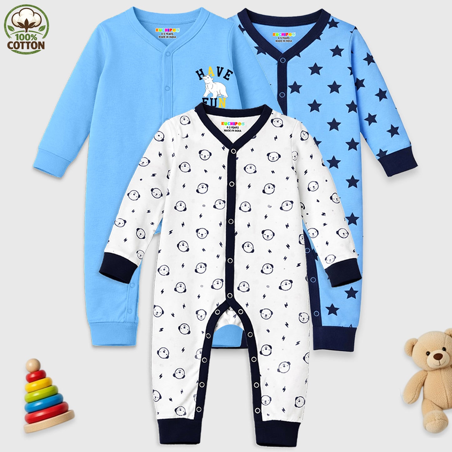 Kuchipoo 100% Cotton Baby Full Bodysuit Romper | Soft & Breathable Infant Clothing | Long Sleeve, Crew Neck, Snap Button Closure | Pack of 3