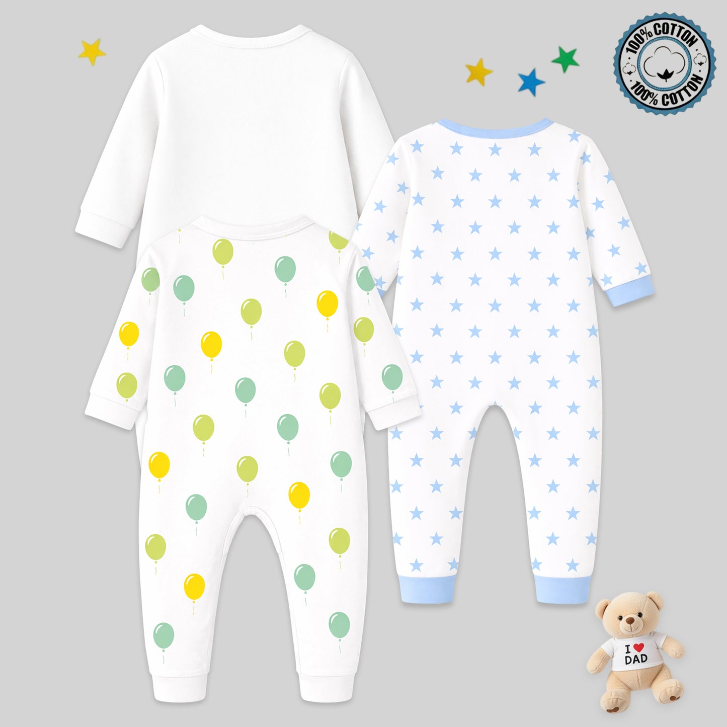 Kuchipoo 100% Cotton Baby Boy & Baby Girl Full Bodysuit Romper | Soft & Breathable Infant Clothing | Long Sleeve, Crew Neck, Snap Button Closure | Pack of 3