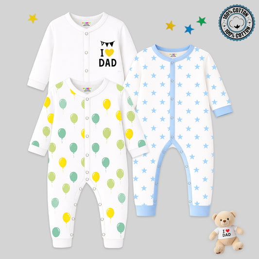 Kuchipoo 100% Cotton Baby Boy & Baby Girl Full Bodysuit Romper | Soft & Breathable Infant Clothing | Long Sleeve, Crew Neck, Snap Button Closure | Pack of 3