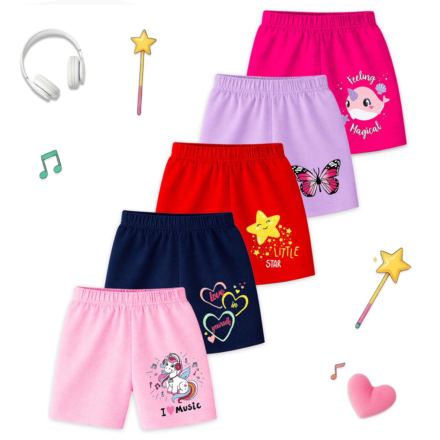 Kuchipoo Girls Cotton Printed Shorts | Elastic Waist | Summer Wear Shorts for Girls | Pack of 5