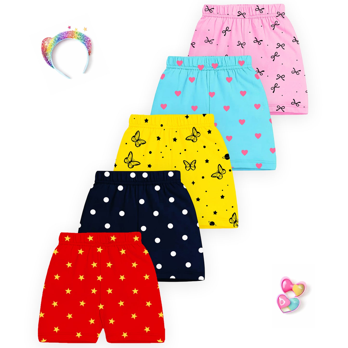 Kuchipoo Girls Cotton Printed Shorts | Elastic Waist | Summer Wear Shorts for Girls | Pack of 5