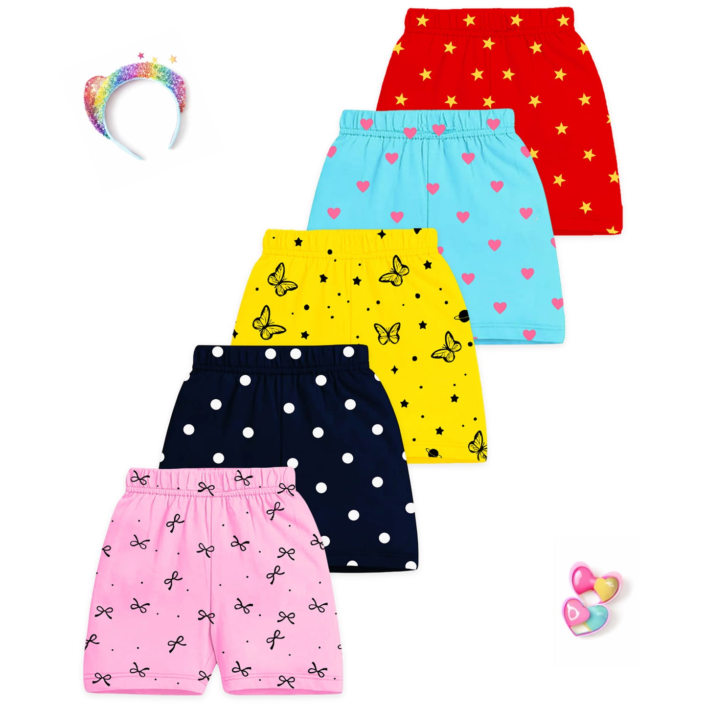 Kuchipoo Girls Cotton Printed Shorts | Elastic Waist | Summer Wear Shorts for Girls | Pack of 5