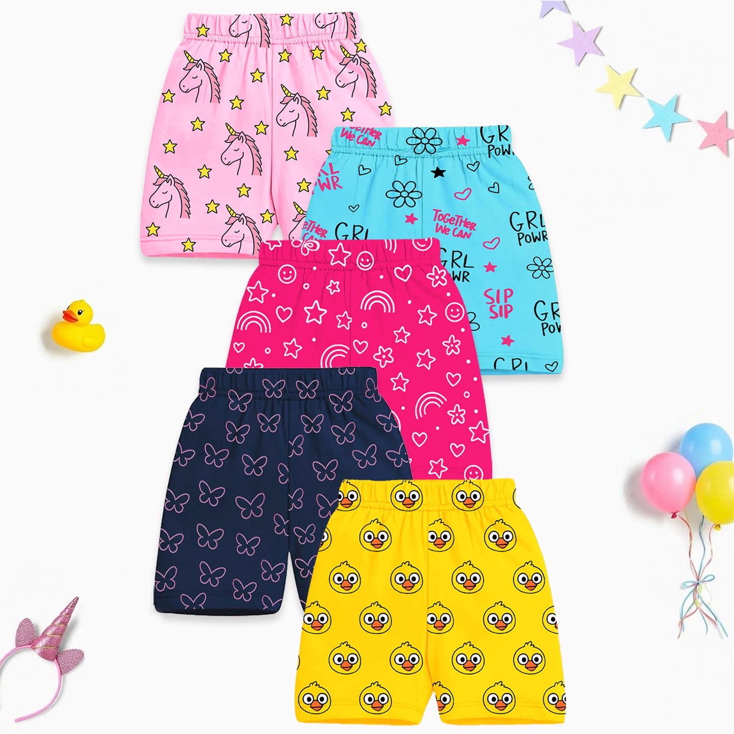 Kuchipoo Girls Cotton Printed Shorts | Elastic Waist | Summer Wear Shorts for Kids | Pack of 5