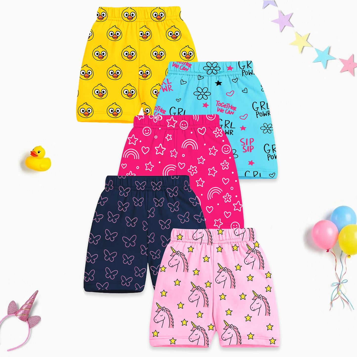 Kuchipoo Girls Cotton Printed Shorts | Elastic Waist | Summer Wear Shorts for Kids | Pack of 5