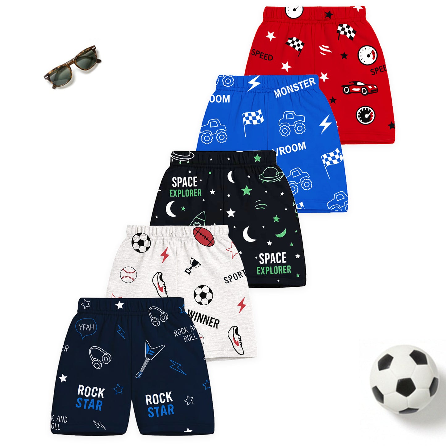 Kuchipoo Boys Cotton Printed Shorts | Elastic Waist | Summer Wear Shorts for Kids - Pack of 5