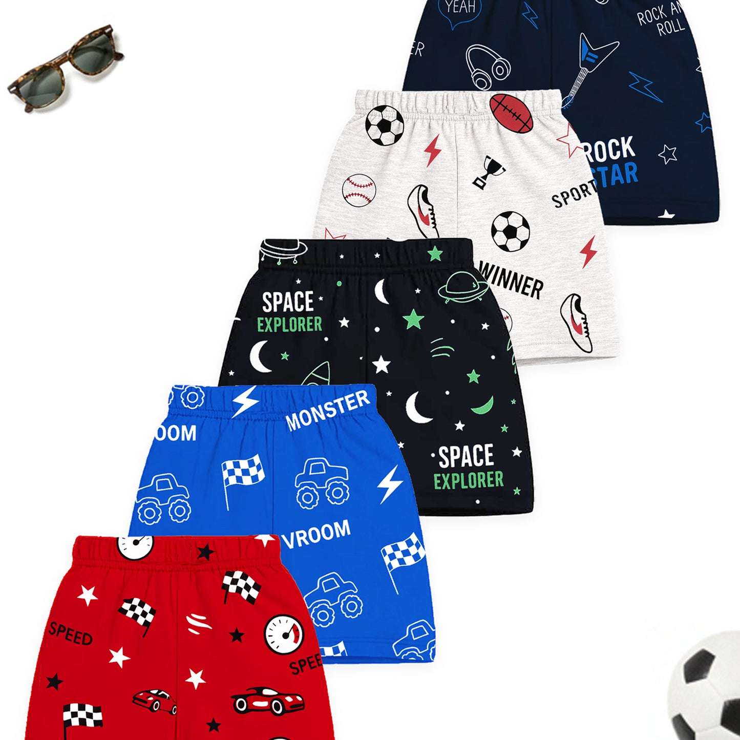 Kuchipoo Boys Cotton Printed Shorts | Elastic Waist | Summer Wear Shorts for Kids - Pack of 5