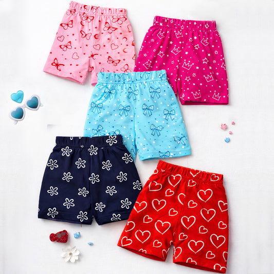Kuchipoo Girls Cotton Printed Shorts | Elastic Waist | Summer Wear Shorts for Kids - Pack of 5